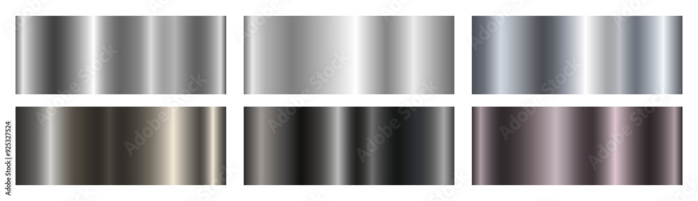 A set of dark silver metallic gradients on a white background. Metallic gradient effects for the design of text and bulletin boards, infographics. Metal banner. Vector EPS 10. A set of dark silver metallic gradients on a white background. Metallic gradient effects for the design of text and bulletin boards, infographics. Metal banner. Vector EPS 10.