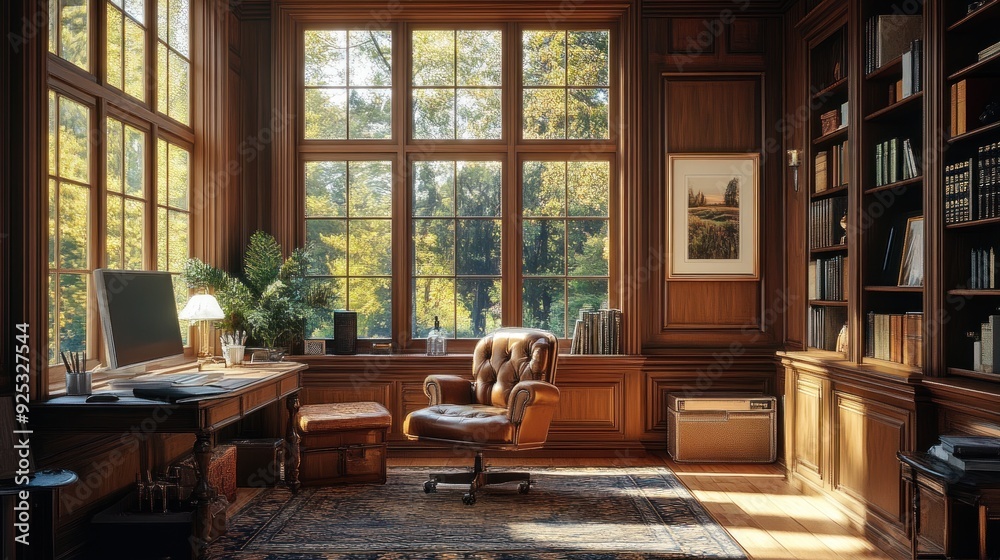 Sunlit Wooden Library with Leather Chair and Desk