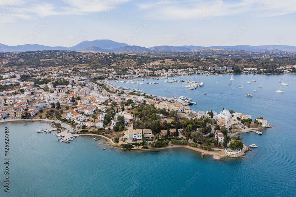 Greece, Aerial drone view of Porto Cheli, a summer resort town in Argolis, Peloponnese Greece, Aerial drone view of Porto Cheli, a summer resort town in Argolis, Peloponnese