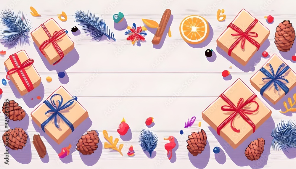 Obraz premium happy new year and Merry Christmas background decorated by gift box, spruce, xmas balls, gold stars and candy cane.