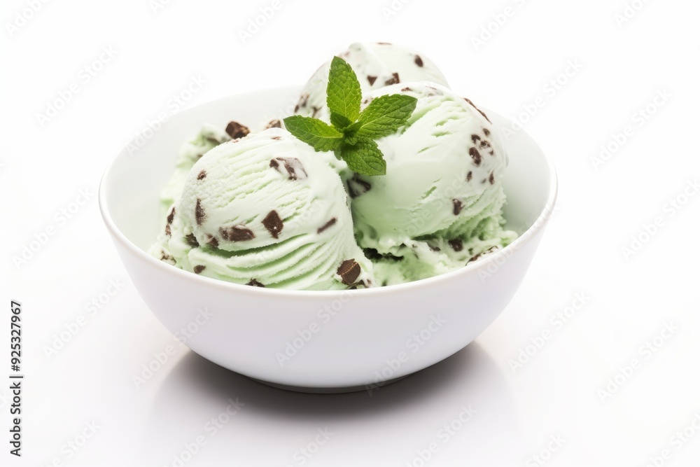 Bowl of Organic Green Mint Chocolate Chip Ice Cream Isolated on a white background Bowl of Organic Green Mint Chocolate Chip Ice Cream Isolated on a white background