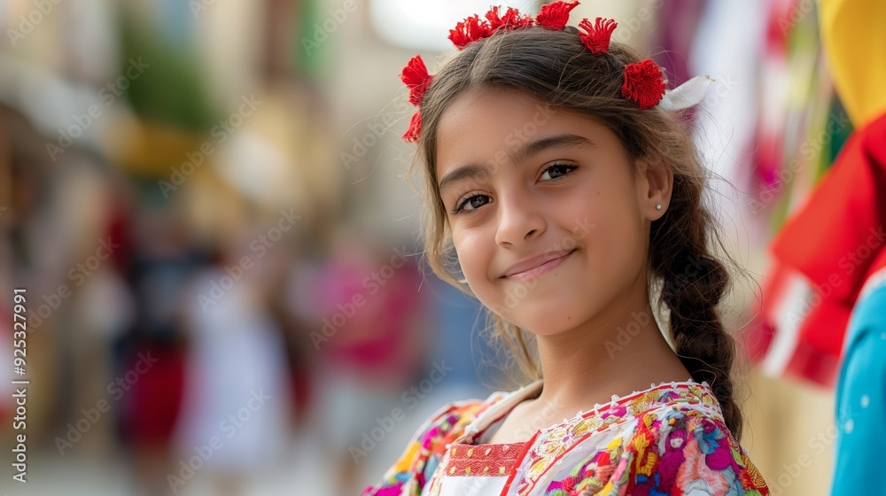 A young girl smiles brightly while wearing traditional attire adorned with flowers in her hair, celebrating cultural heritage and youthful innocence. A young girl smiles brightly while wearing traditional attire adorned with flowers in her hair, celebrating cultural heritage and youthful innocence.