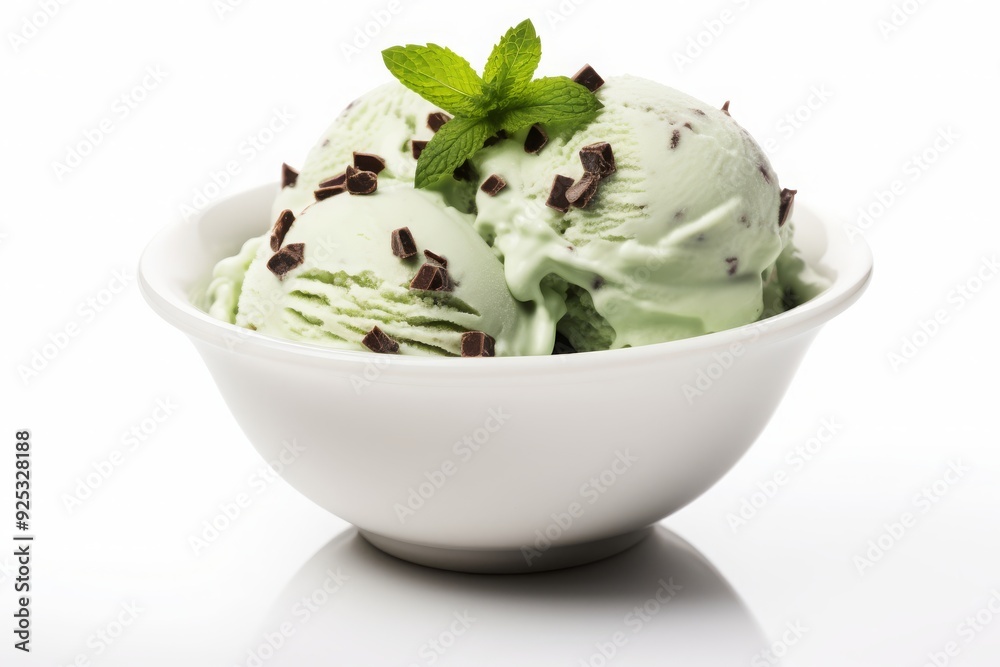 Bowl of Organic Green Mint Chocolate Chip Ice Cream Isolated on a white background Bowl of Organic Green Mint Chocolate Chip Ice Cream Isolated on a white background