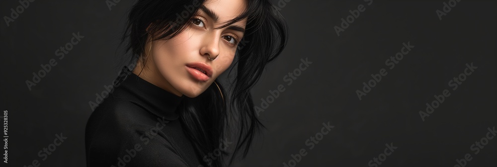 A close-up portrait of a woman with dark hair, wearing a black outfit, staring into the camera against a dark background. A close-up portrait of a woman with dark hair, wearing a black outfit, staring into the camera against a dark background.