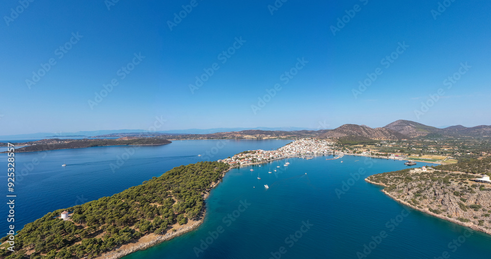 Greece, Aerial drone view of Ermioni, a small port town in Argolis, Peloponnese, Greece, Aerial drone view of Ermioni, a small port town in Argolis, Peloponnese,