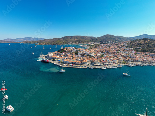 Fototapeta Naklejka Na Ścianę i Meble -  Greece, Aerial drone view of Poros island in  Saronic gulf, Peloponnese,