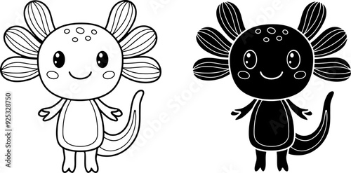 Cute Cartoon Axolotl Amphibian Clipart Illustration - Isolated Outline and Silhouette