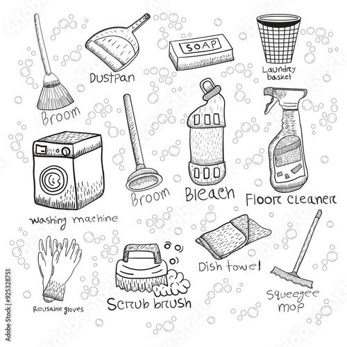 Vintage household cleaning products vector art and illustration,set of hand drawn objects