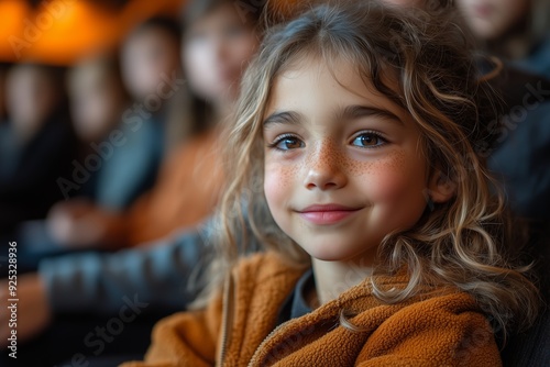 Young girl with curly hair smiling during a gathering in a cozy indoor setting