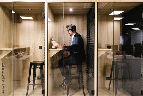 An executive engrossed in work uses headphones in a soundproof booth, ensuring privacy and concentration in a modern office
