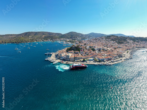 Fototapeta Naklejka Na Ścianę i Meble -  Greece, Aerial drone view of Poros island in  Saronic gulf, Peloponnese,