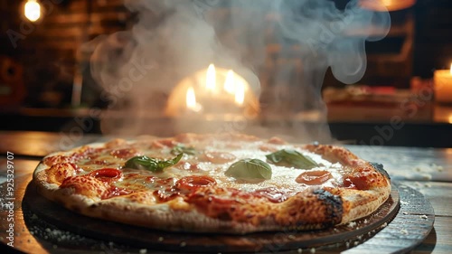 lose up Fresh baked hot Italian Pizza with steam with buffalo mozzarella and basil, tomatoes, pizzeria	
