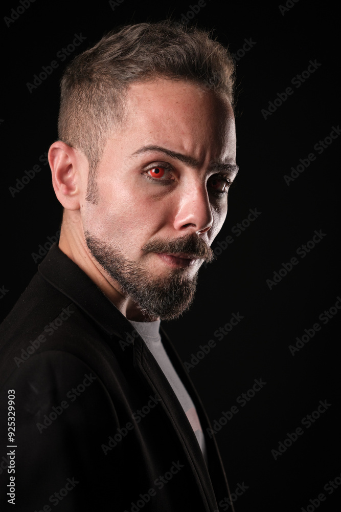 Obraz premium Intense man with a piercing gaze on a dark background with red contact lenses