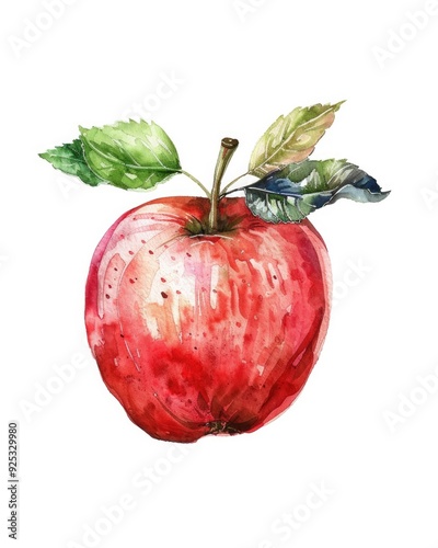 Apple Drawn. Watercolor Illustration of Bright Red Apple on White Background