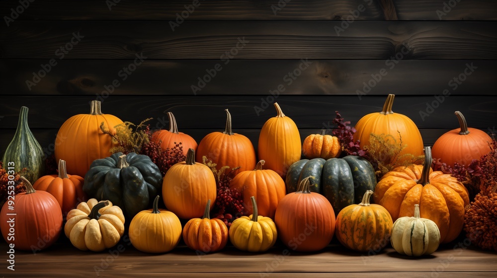 A colorful display of pumpkins, pumpkins and leaves sitting in a row on wooden background. A colorful display of pumpkins, pumpkins and leaves sitting in a row on wooden background.