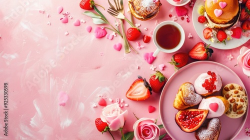 Valentines Food. Brunch Table Set with Festive Mother's Day Breakfast on Pink Background