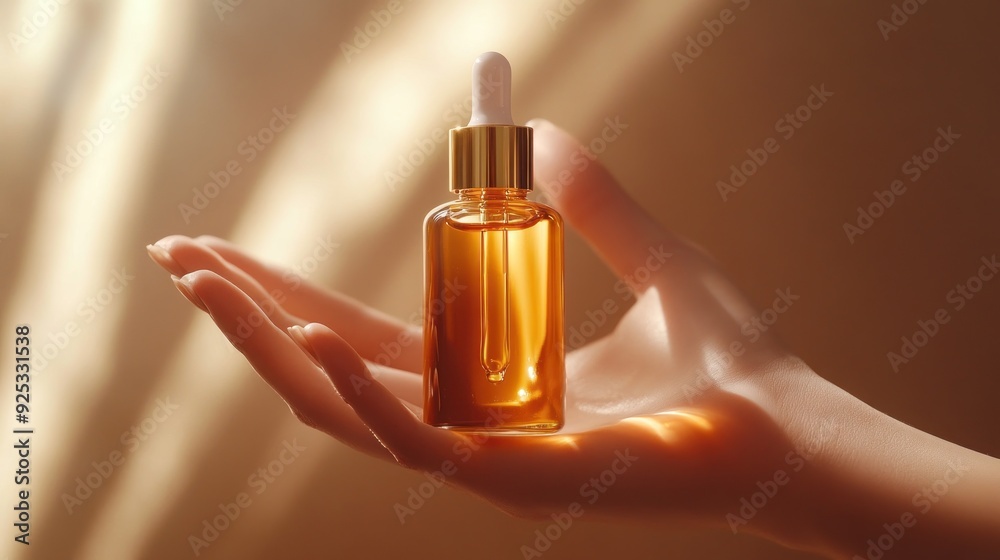 Close up of a hand holding a glass bottle of golden oil Close up of a hand holding a glass bottle of golden oil