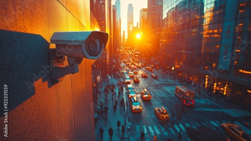 Surveillance camera overlooking city street at sunset - generative ai