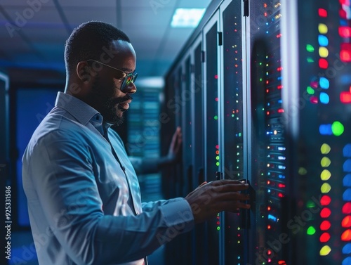 Technician monitoring server performance in a data center with blue LED indicators during daylight