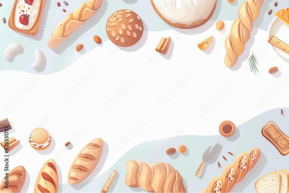 Illustration of French bakery pastries arranged around central copyspace, website design.. Illustration of French bakery pastries arranged around central copyspace, website design..