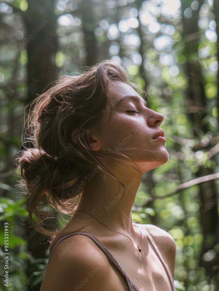 Girl with eyes closed, breathing in serene nature setting Girl with eyes closed, breathing in serene nature setting
