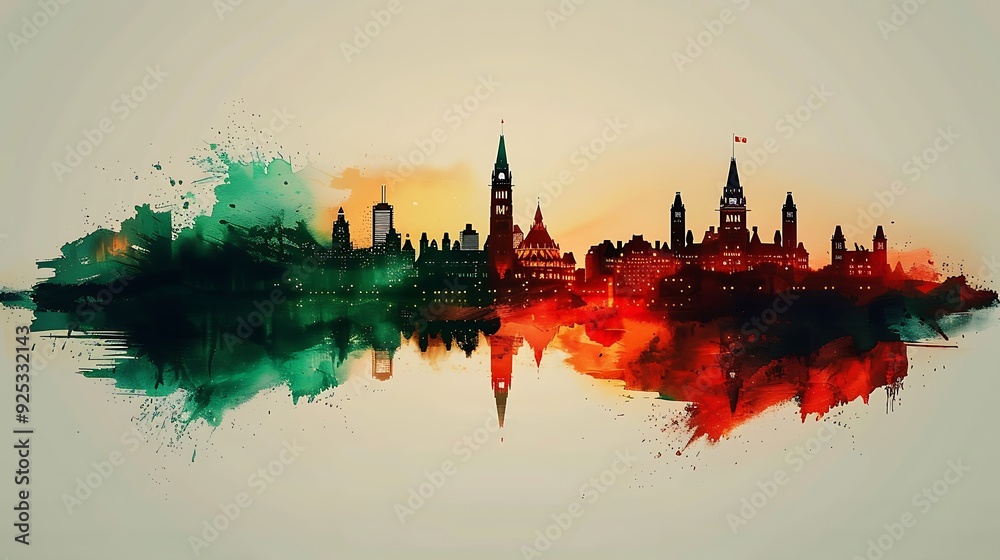 Render a watercolor illustration of the Canadian flag as the background, with a silhouette of Ottawa’s cityscape, featuring Parliament Hill and the Peace Tower, Render a watercolor illustration of the Canadian flag as the background, with a silhouette of Ottawa’s cityscape, featuring Parliament Hill and the Peace Tower,