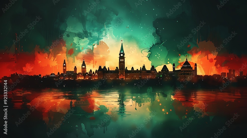 Naklejka premium Render a watercolor illustration of the Canadian flag as the background, with a silhouette of Ottawa’s cityscape, featuring Parliament Hill and the Peace Tower,