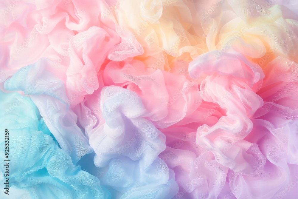 Fototapeta premium Pile of soft, colorful fabric with ruffles and tulle effect.