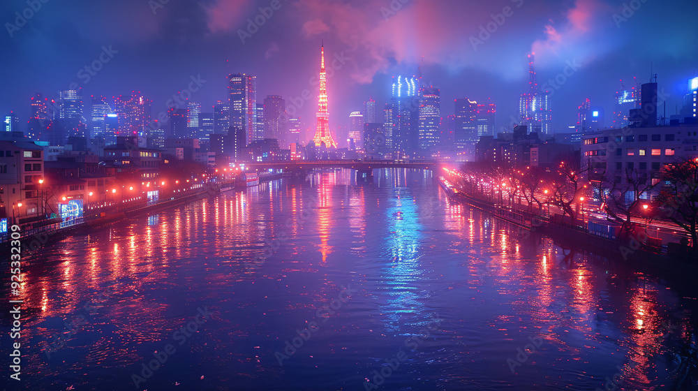 This is a picture of a city at night with a river and many tall buildings. This is a picture of a city at night with a river and many tall buildings.