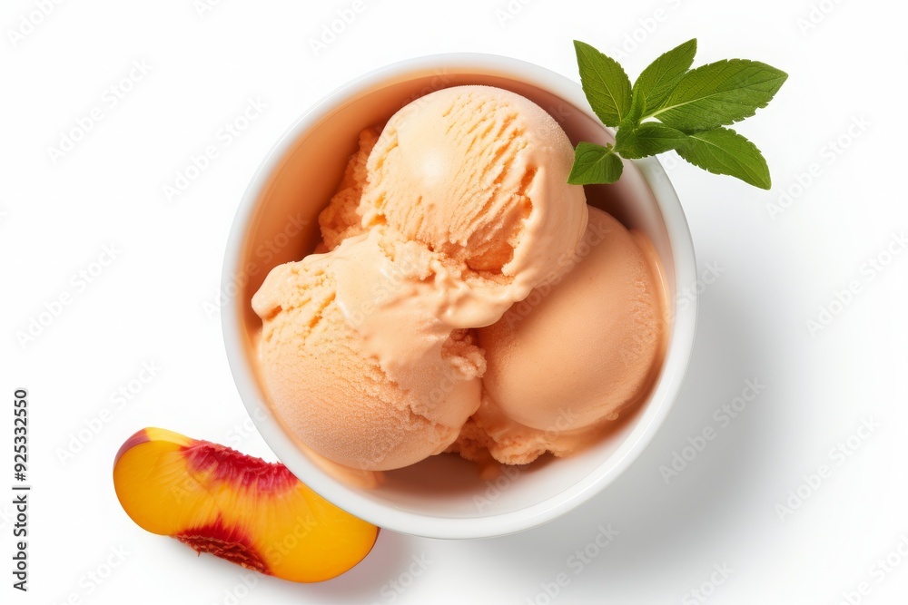 Bowl of Peach Ice Cream with peach Isolated on a white Background, overhead view Bowl of Peach Ice Cream with peach Isolated on a white Background, overhead view