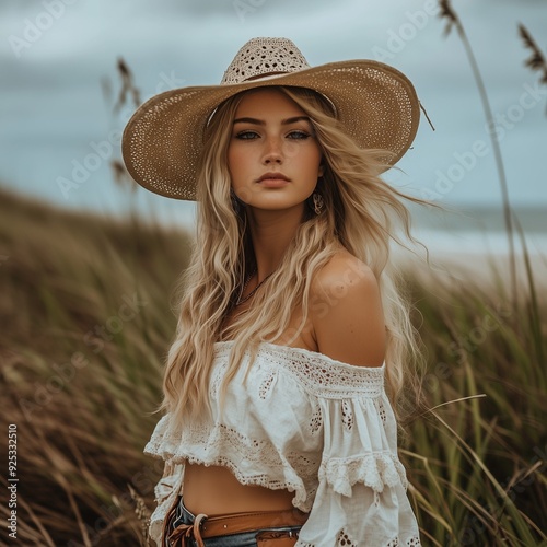 Blonde woman in a straw cowboy hat and off-shoulder top standing in a breezy outdoor landscape