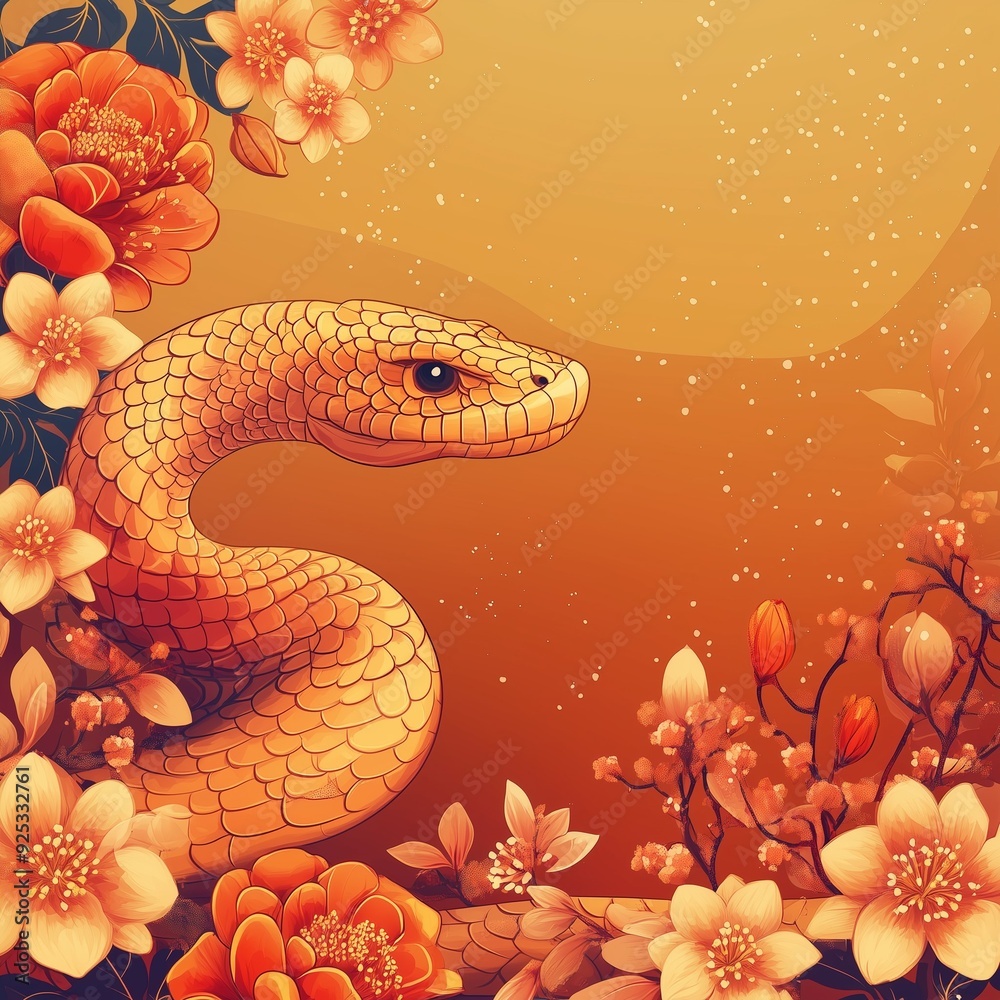 Serpent surrounded by blooming flowers on a warm golden background Serpent surrounded by blooming flowers on a warm golden background