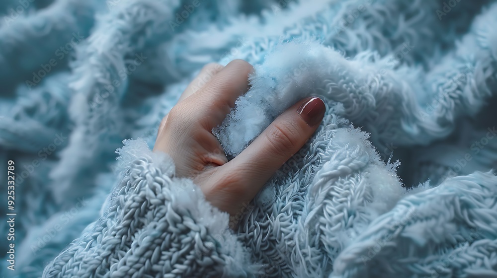 Detail of a hand stroking an icy sweater fabric Detail of a hand stroking an icy sweater fabric