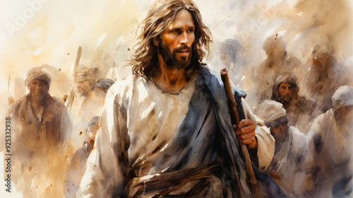 Jesus leading disciples watercolor