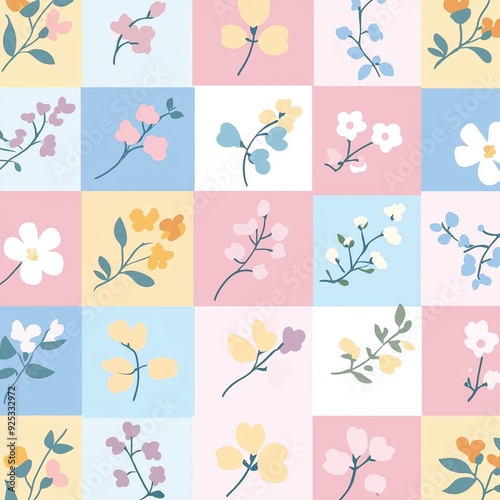 Pastel floral seamless pattern with delicate flowers and geometric squares