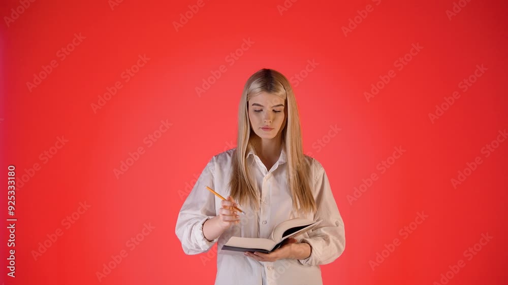 Young Blonde Woman Using Pencil Eraser Then Thinking, Studio Shot with Red Background Young Blonde Woman Using Pencil Eraser Then Thinking, Studio Shot with Red Background