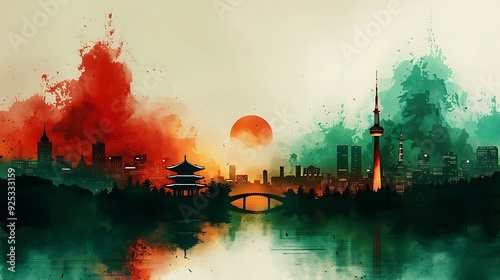 Render a watercolor illustration of the South Korean flag as the background, with a silhouette of Seoul’s cityscape, featuring Namsan Tower and Gyeongbokgung Palace,