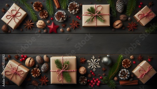 happy new year and Merry Christmas background decorated by gift box, spruce, xmas balls, gold stars and candy cane.