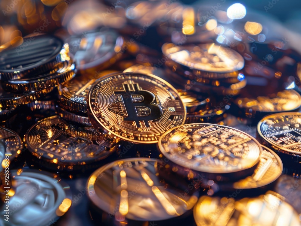 The image shows a large quantity of golden bitcoin coins, symbolizing the virtual currency and digital economy. The image shows a large quantity of golden bitcoin coins, symbolizing the virtual currency and digital economy.
