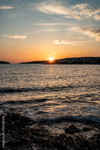 Beautiful sunset over small town of Rogoznica, famous nautical destination in central Dalmatia, Croatia