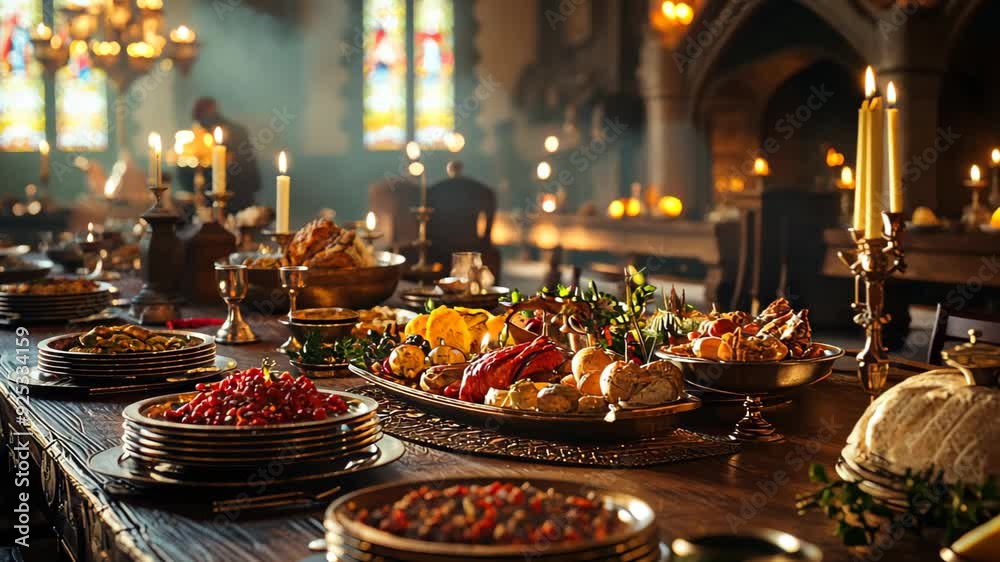 Medieval banquet in castle hall, historical feast, royal dining table, medieval cuisine, noble gathering