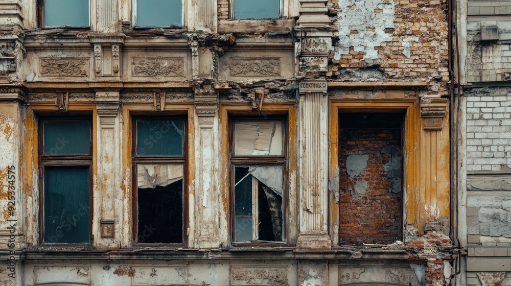Weathered Facade with Crumbling Windows and Brickwork Weathered Facade with Crumbling Windows and Brickwork