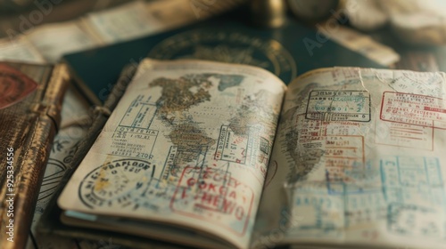 Passport with World Map and Stamps: Travel Memories #925334556