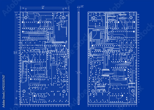 Vector technical drawing of pcb.
Wiring of conductors of printed circuit board of an 
electronic device. Design documentation.