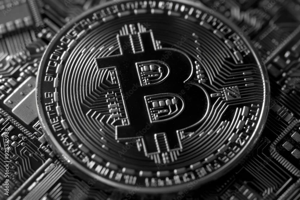 Fototapeta premium Close up of a Bitcoin coin on the motherboard of a computer.