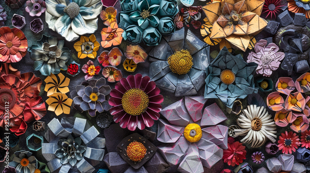 A contemporary art piece featuring flowers as geometric shapes, arranged in a structured yet organic pattern A contemporary art piece featuring flowers as geometric shapes, arranged in a structured yet organic pattern