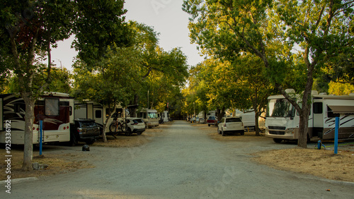 Rv vehicles parked at campsites under trees 