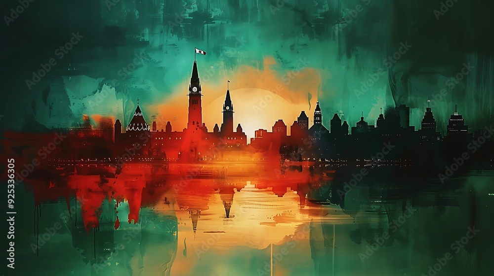 Fototapeta premium Compose a watercolor painting of the Canadian flag as the backdrop, with the silhouette of Ottawa’s architectural landmarks, including Parliament Hill and the Peace Tower,