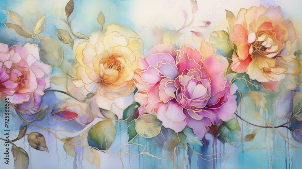 Pastel flowers and petals in liquid watercolor style bright colors. Neural network ai generated art Pastel flowers and petals in liquid watercolor style bright colors. Neural network ai generated art