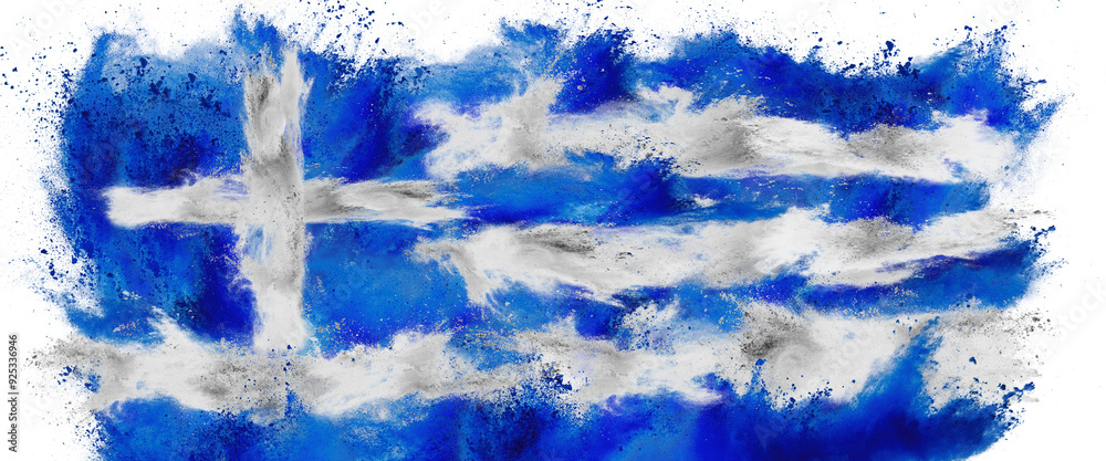 Fototapeta premium colorful flag of greece with white blue color holi paint powder explosion isolated white background. greek national europe travel and tourism concept.